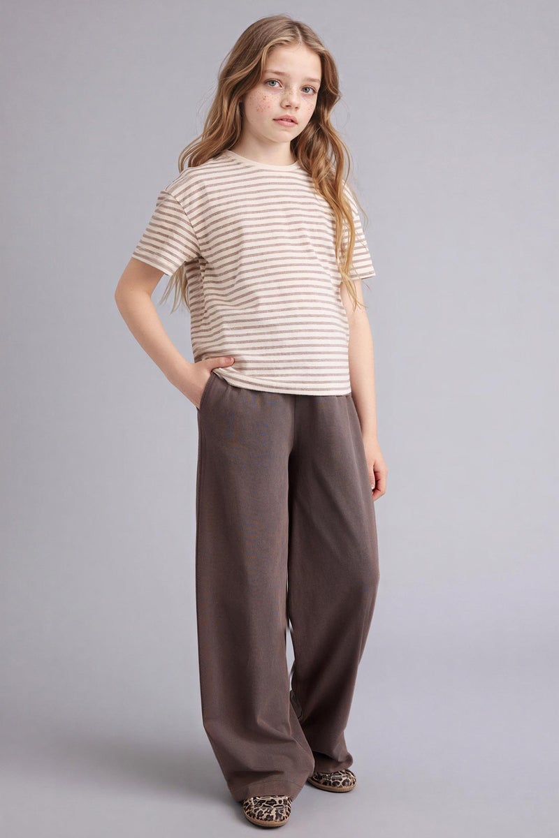 DeFacto Beige Girl Girl Relax Fit Crew Neck Striped School T-Shirt Casual - Image 2